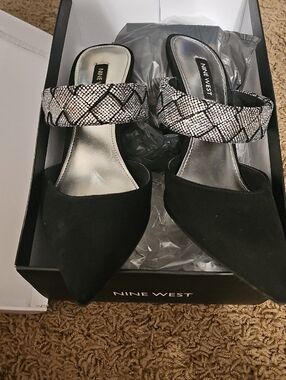 Nine West Black Pointed Mule with Sparkling Silver Braided Strap